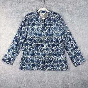 J. Jill Woodblock Floral Print Button Down Jacket Size L Blue Cotton Lightweight